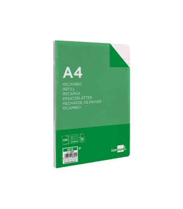 Recambio liderpapel folio 100 hojas 60g m2 pauta 5ª 25mm con margen 16 taladros